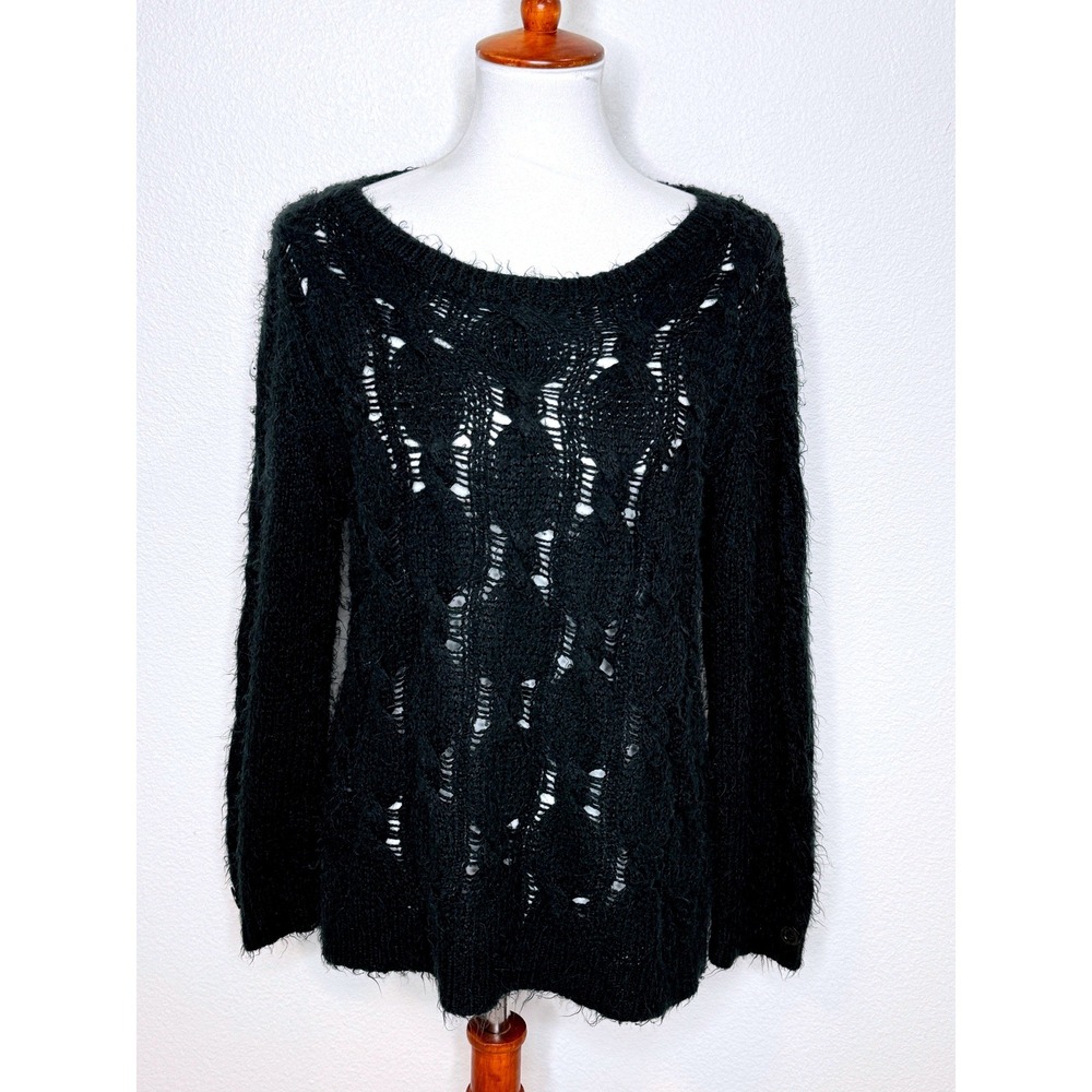 WOODEN SHIPS Mohair Wool Blend Cable Knit Sweater M/L Black Minimalist Luxury